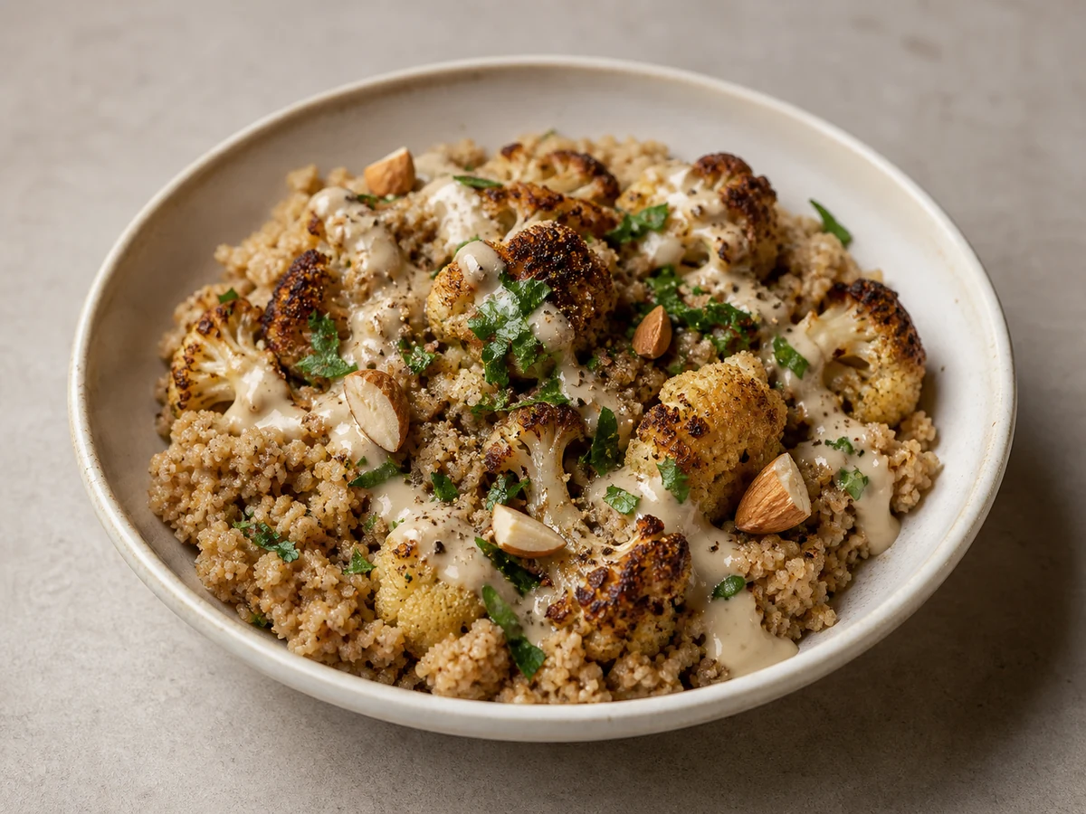 Roasted Cauliflower & Couscous Bowl with Tahini. Cumin-roasted cauliflower over wholemeal couscous with a lemon-tahini dressing, parsley and toasted almonds.