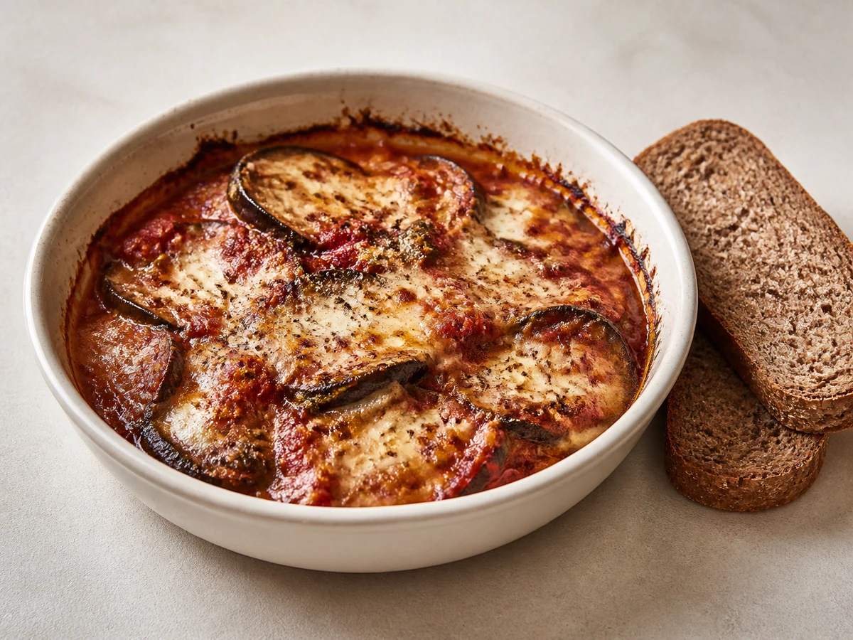 Eggplant, Tomato & Mozzarella Bake. Roasted eggplant layered with garlicky passata, basil and mozzarella, baked until bubbling and served with bread.