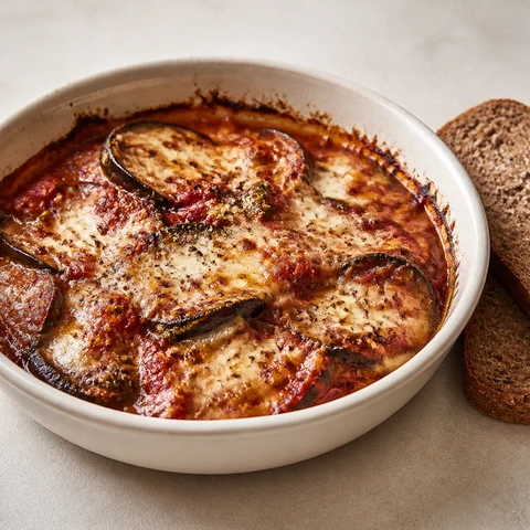 Eggplant, Tomato & Mozzarella Bake. Roasted eggplant layered with garlicky passata, basil and mozzarella, baked until bubbling and served with bread.