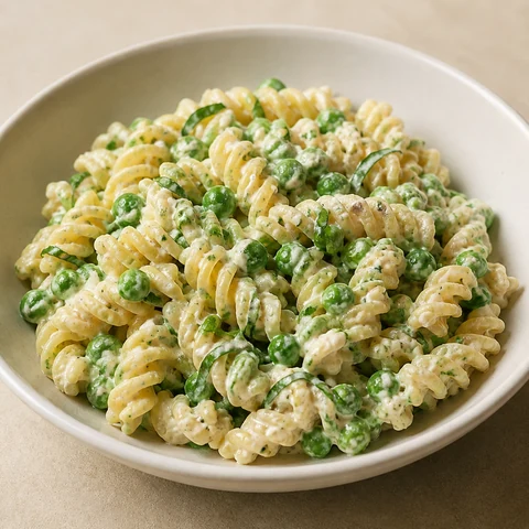 Lemony Pea, Mint & Ricotta Pasta Salad. Short pasta tossed with sweet green peas, ricotta, fresh mint and lemon, eaten warm or at room temperature.