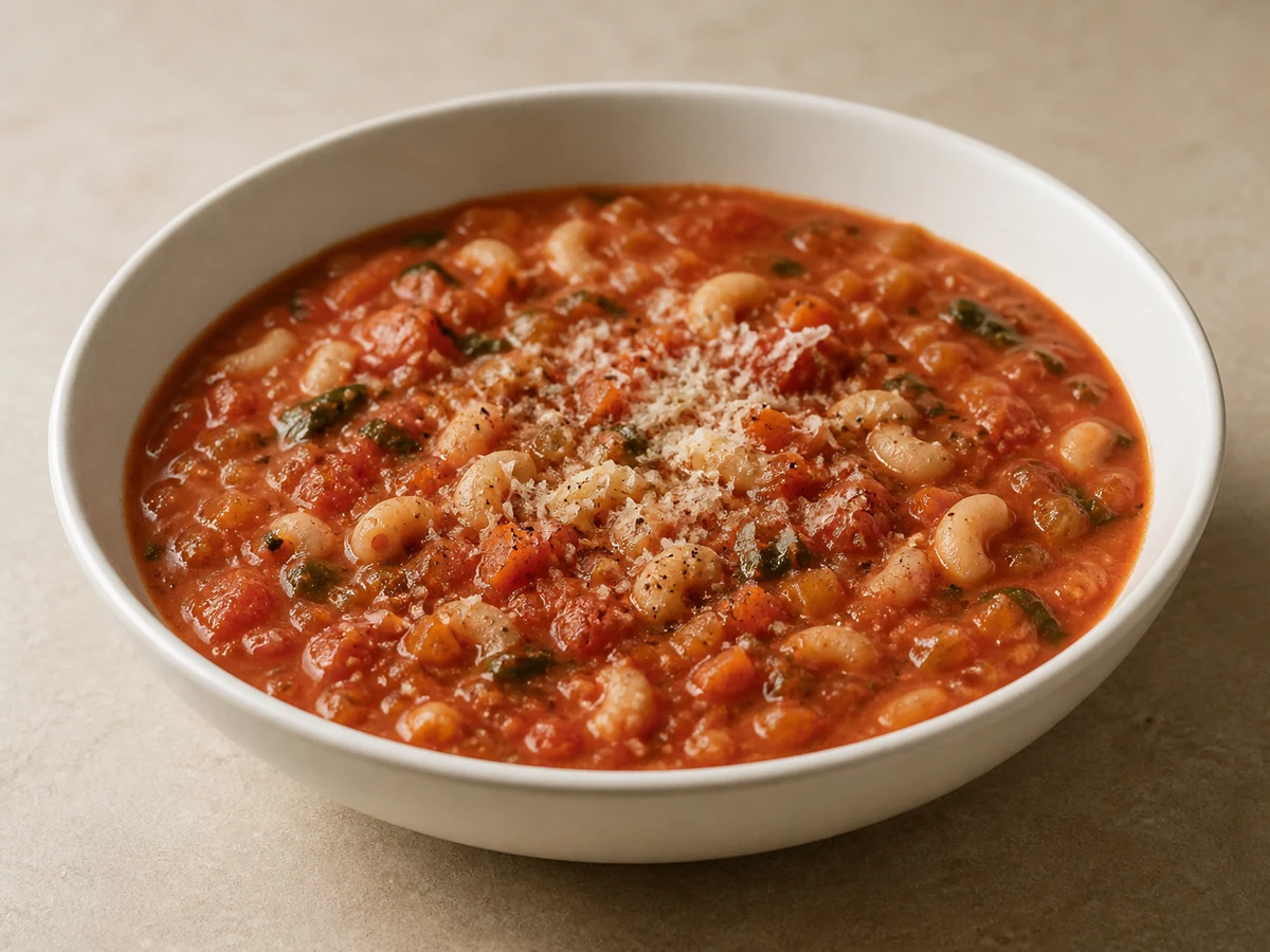 Minestrone with Macaroni & Cannellini Beans. A soft-cooked vegetable soup with cannellini beans and small pasta, finished with basil and grated parmesan.
