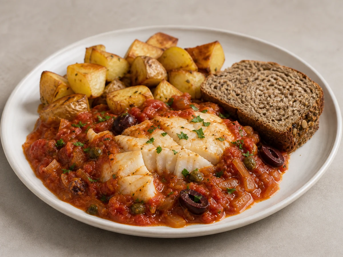 Baked White Fish with Tomato, Olive & Caper Sauce. White fish fillets baked in a punchy tomato sauce with olives and capers, over roast potatoes, with bread for the sauce.