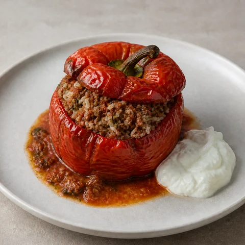 Baked Stuffed Capsicums with Beef, Rice & Herbs. Whole capsicums filled with beef mince, rice, tomato, parsley and mint, baked covered until soft and sweet, served with thick yoghurt.