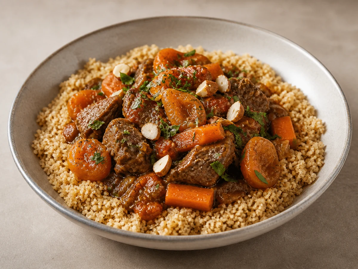 Spiced Lamb & Apricot Tagine with Couscous. Diced lamb braised slowly with carrot, dried apricots and warm spices, spooned over wholemeal couscous with almonds.
