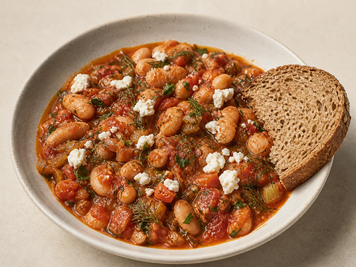 Greek-Style Baked Beans with Tomato & Dill. Cannellini beans baked in a generous olive oil and tomato sauce with dill and crumbled feta, served with bread.