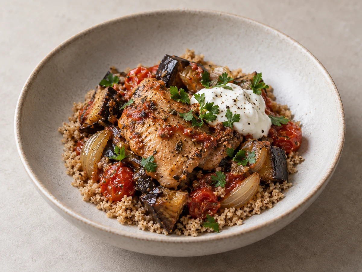 Chicken, Eggplant & Tomato Traybake. A roasted chicken thigh on wholemeal couscous with collapsed eggplant chunks, burst cherry tomatoes and onion wedges in their juices, a spoon of Greek yoghurt and parsley.