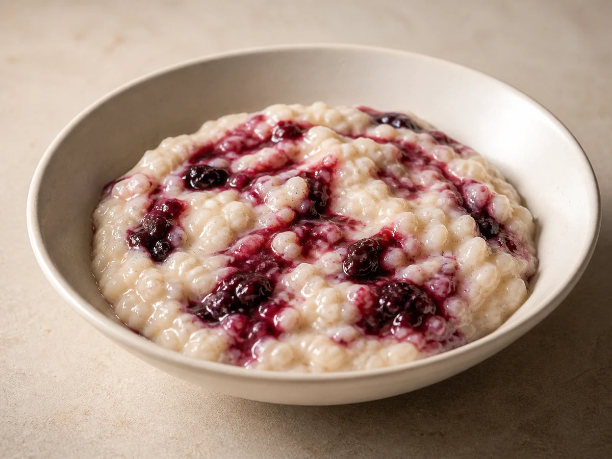 Creamed Rice with Warm Berry Compote. Short-grain rice simmered slowly in milk until the grains swell and collapse into a loose pudding enriched with butter, rippled with a warm berry compote.