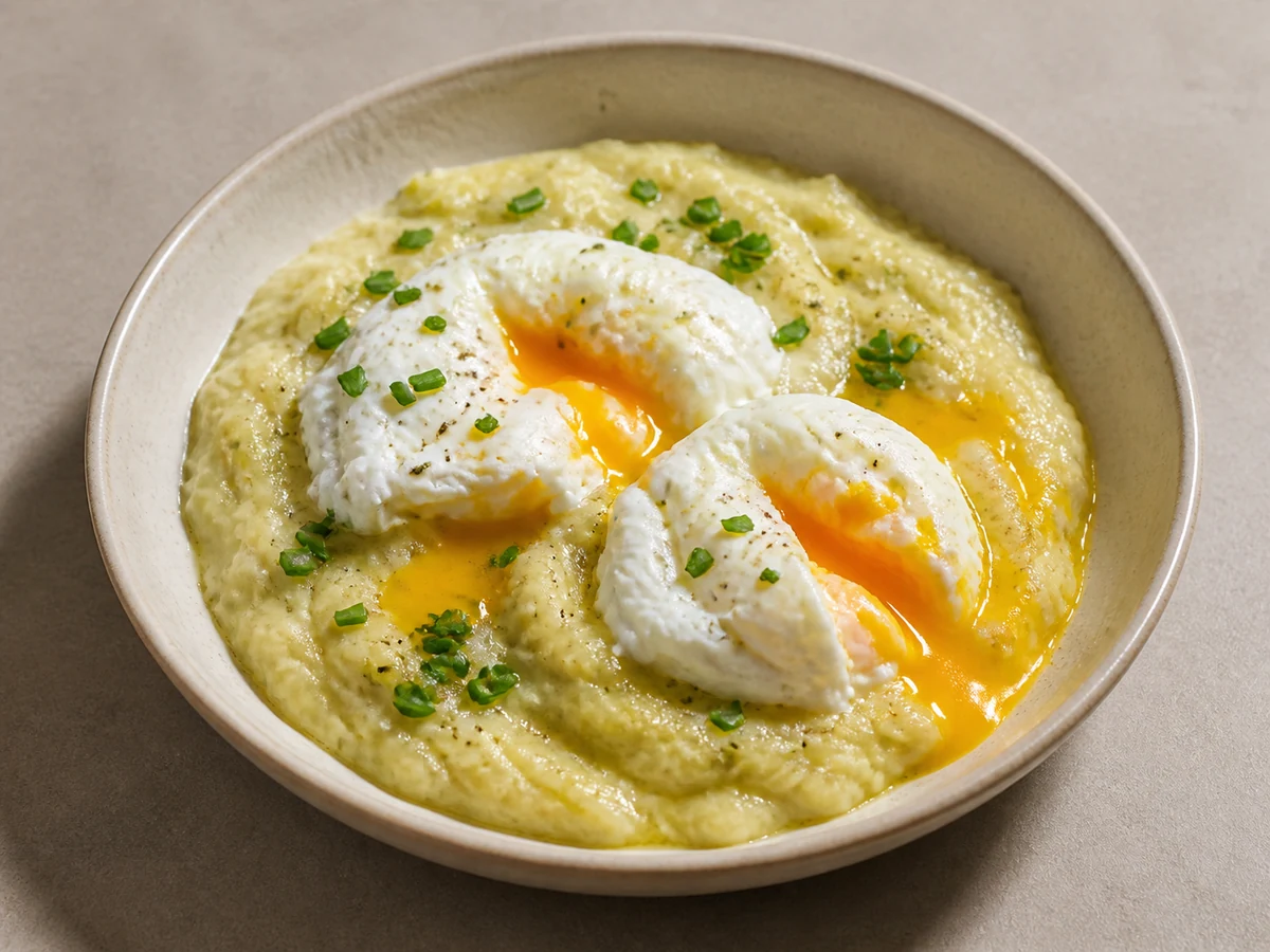 Poached Eggs on Silky Potato & Leek Purée. Potato and leek cooked until they give with no resistance and beaten to a loose purée, with poached eggs broken over the top.