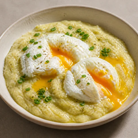 Poached Eggs on Silky Potato & Leek Purée. Potato and leek cooked until they give with no resistance and beaten to a loose purée, with poached eggs broken over the top.