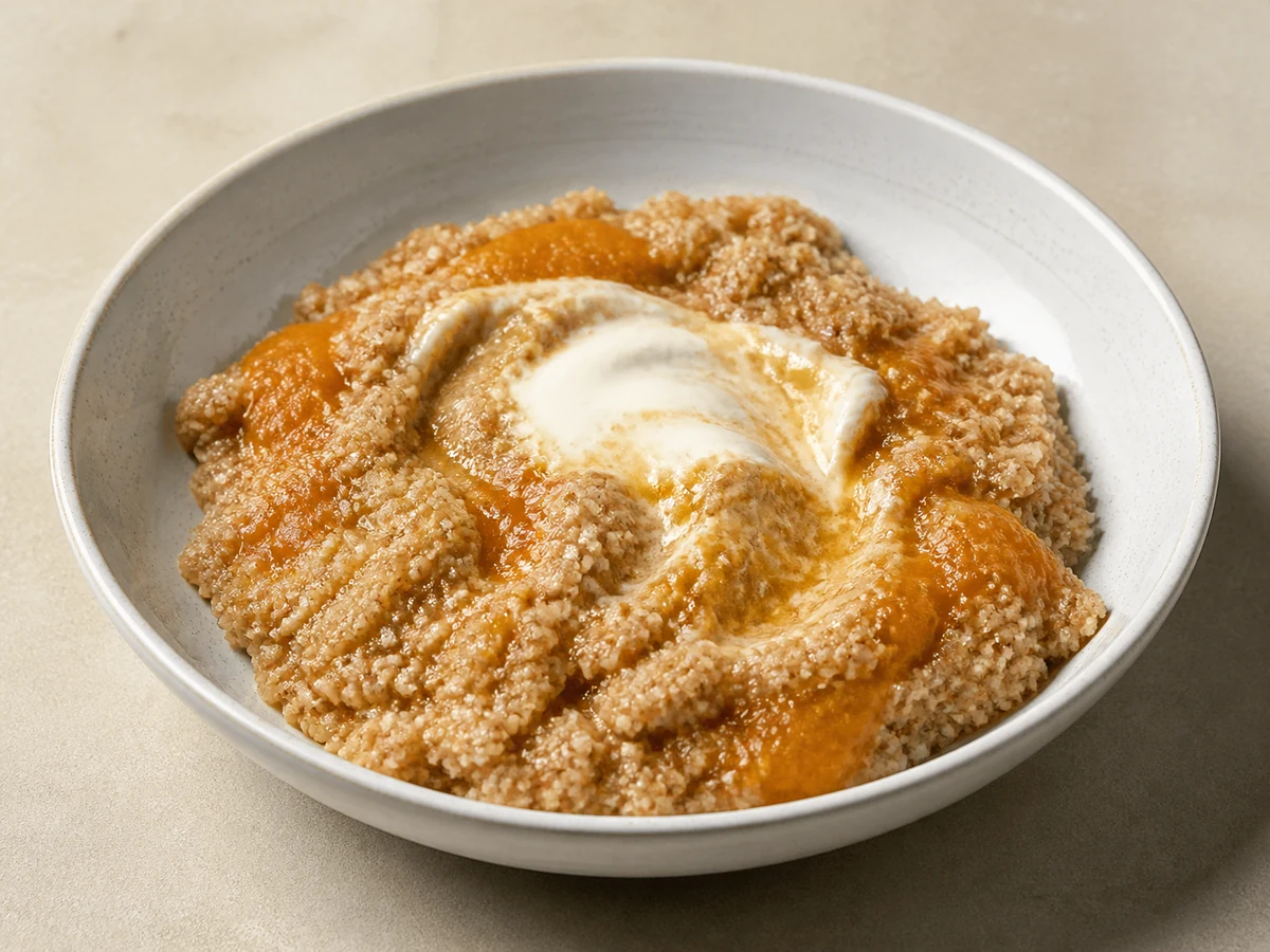 Warm Milk Couscous with Apricot Purée. Couscous steamed soft in hot cinnamon milk, spooned over a smooth stewed-apricot purée with a spoonful of yoghurt.
