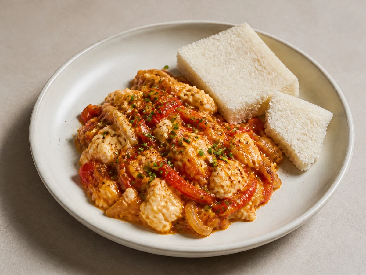 Silken Tofu Scramble with Capsicum & Smoked Paprika. Silken tofu folded into a slow-cooked capsicum, onion and tomato base so it breaks into soft damp curds, with warm bread to mop the pan.