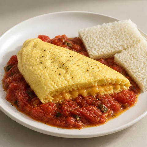 Soufflé Omelette with Cheddar & Slow-Cooked Tomato. Whisked eggs cooked slowly and covered so the omelette stays foam-light and damp, folded around melting cheddar over jammy slow-cooked tomatoes.