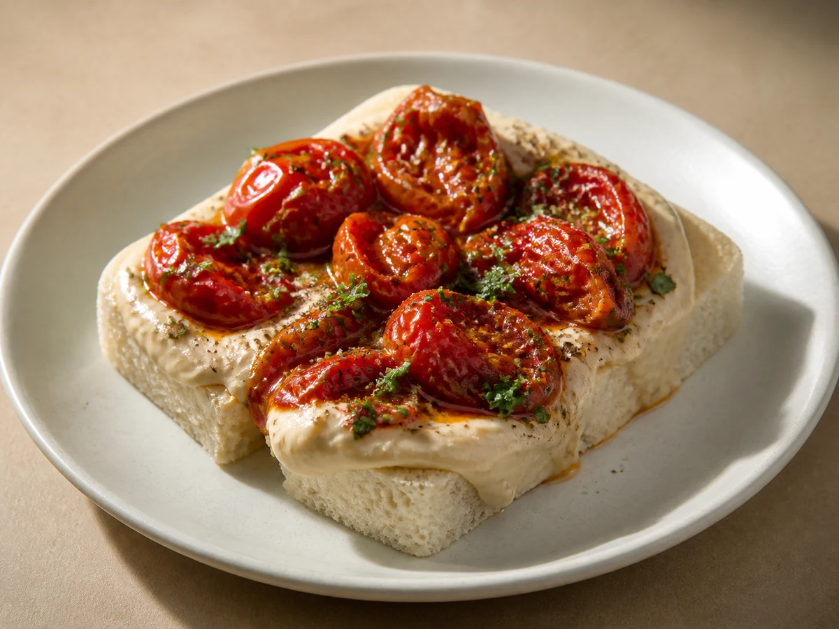 White Bean Purée with Slow-Roasted Tomatoes. Canned white beans blended with garlic oil, tahini and lemon into a warm, loose purée, spread on soft bread under tomatoes roasted until they burst.