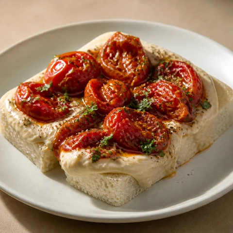 White Bean Purée with Slow-Roasted Tomatoes. Canned white beans blended with garlic oil, tahini and lemon into a warm, loose purée, spread on soft bread under tomatoes roasted until they burst.