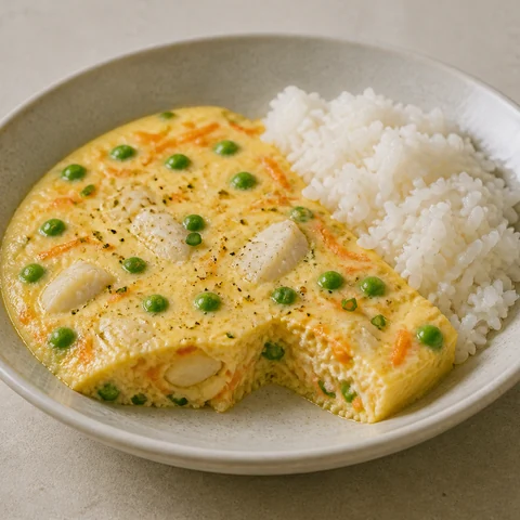 Steamed Egg Custard with White Fish & Peas. A savoury steamed egg custard set just firm enough to hold a spoon, with soft flakes of white fish, peas and grated carrot through it, and rice alongside.