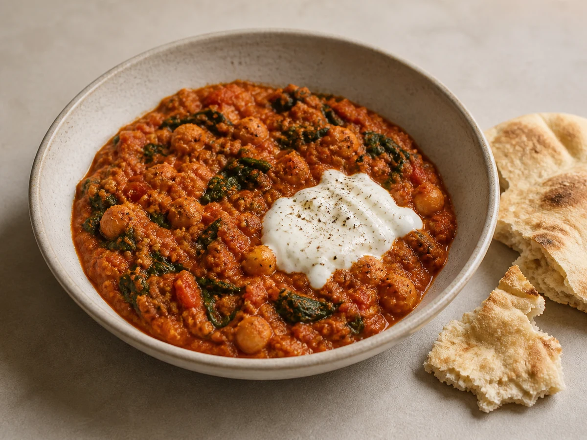 Crushed Chickpea, Spinach & Tomato Stew. Chickpeas crushed into a cumin and tomato base with wilted spinach and a spoon of yoghurt, scooped up with warm soft pita.