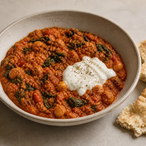 Crushed Chickpea, Spinach & Tomato Stew. Chickpeas crushed into a cumin and tomato base with wilted spinach and a spoon of yoghurt, scooped up with warm soft pita.