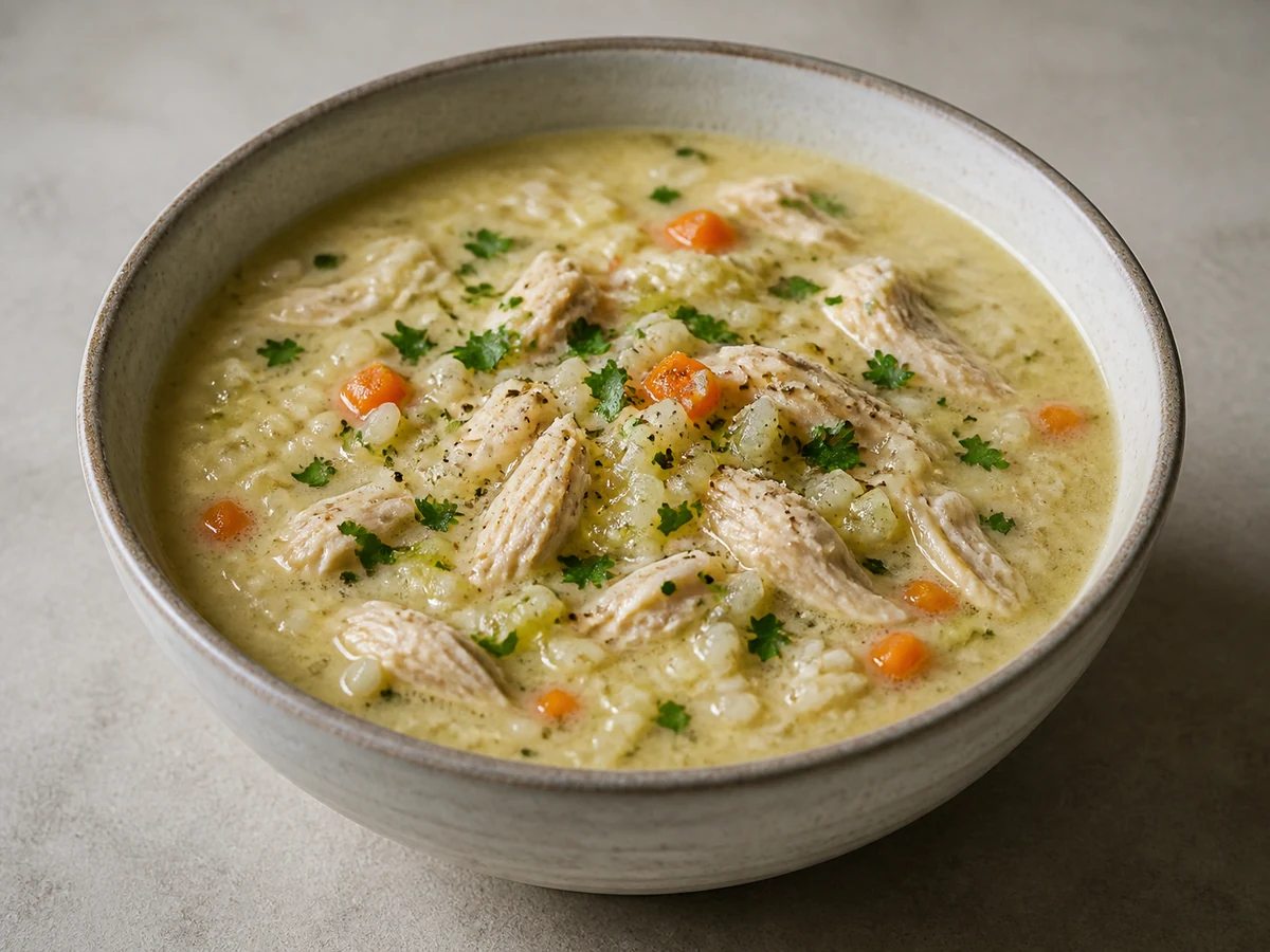 Lemony Chicken, Leek & Rice Soup. Chicken poached until it shreds, in a rice broth thickened off the heat with beaten egg and lemon into a velvety soup.
