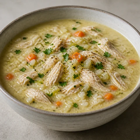 Lemony Chicken, Leek & Rice Soup. Chicken poached until it shreds, in a rice broth thickened off the heat with beaten egg and lemon into a velvety soup.