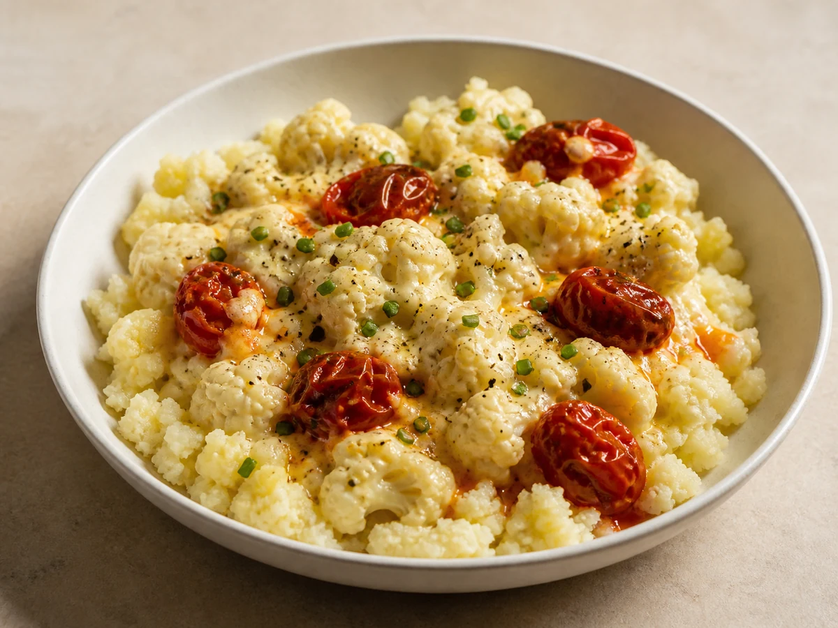 Cauliflower Cheese with Crushed Potato. Cauliflower boiled until it falls apart, folded into cheddar sauce over buttery crushed potato, with roasted cherry tomatoes for sharpness.