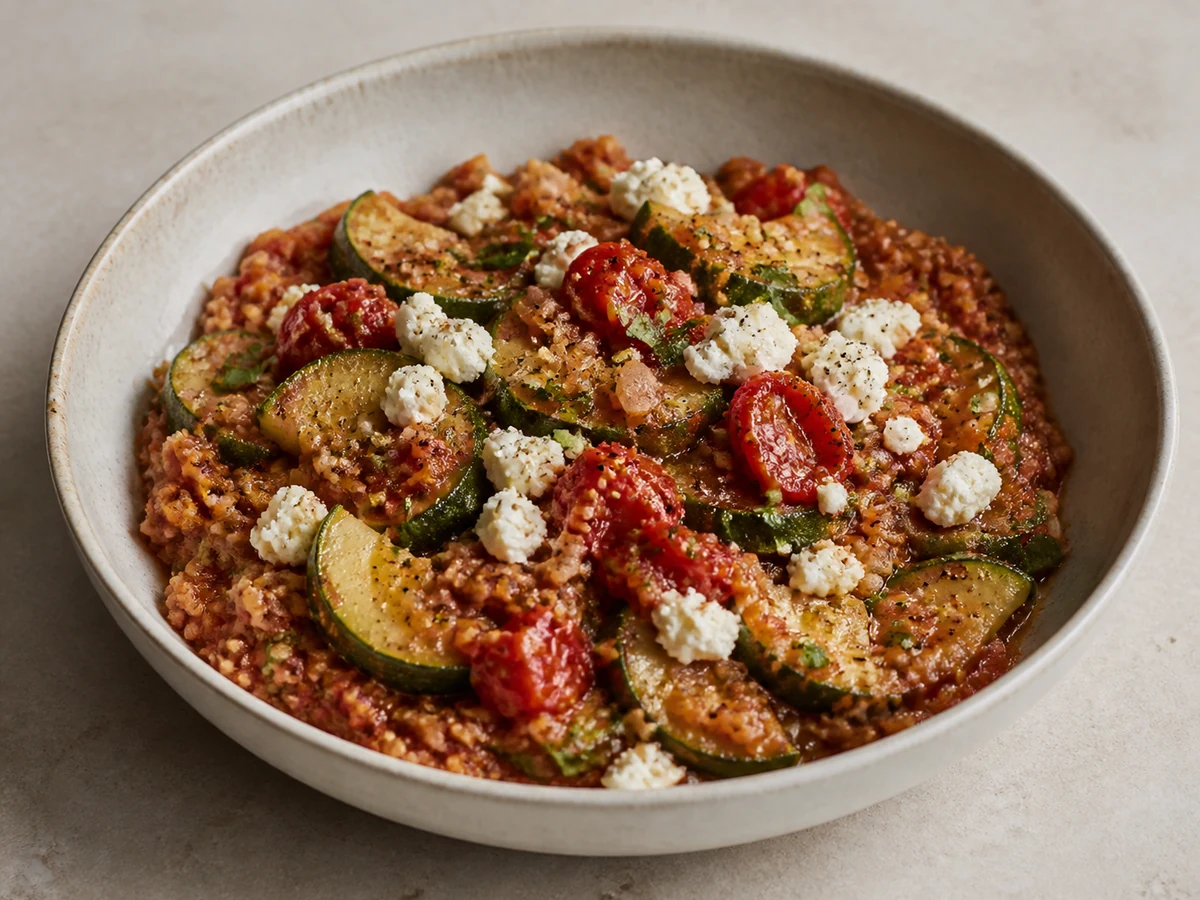 Braised Zucchini, Tomato & Feta Couscous. Zucchini braised in olive oil until it slumps, forked through soft couscous with burst tomatoes, basil and crumbled feta.