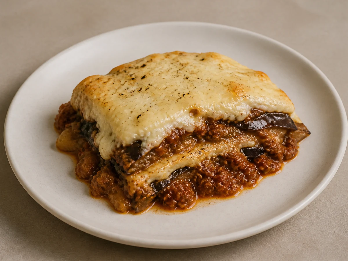 Beef & Eggplant Bake with Béchamel. Roasted eggplant layered with cinnamon-spiced beef under a thick milk sauce and baked until the whole dish cuts with the edge of a spoon.