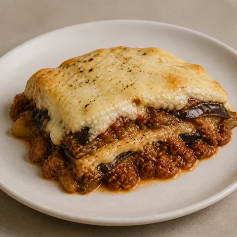 Beef & Eggplant Bake with Béchamel. Roasted eggplant layered with cinnamon-spiced beef under a thick milk sauce and baked until the whole dish cuts with the edge of a spoon.