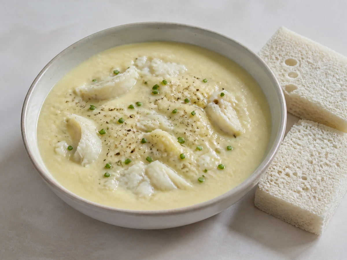 Sweetcorn, Potato & White Fish Chowder. A blended sweetcorn and potato chowder with large soft flakes of white fish folded through at the end, with soft bread alongside.