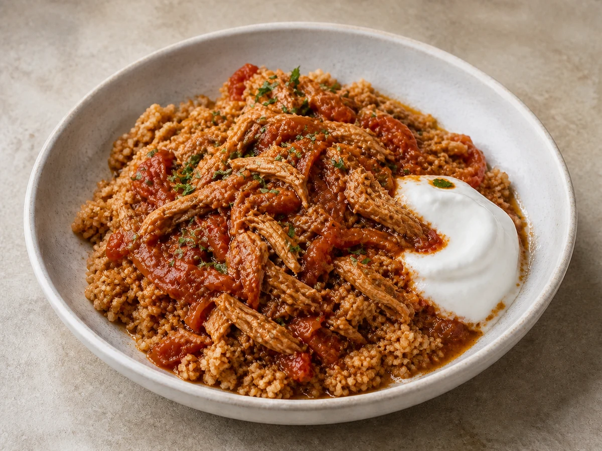 Braised Chicken with Capsicum over Couscous. Chicken thighs braised with capsicum and tomato until they shred under a fork, spooned with all their sauce over soft couscous, with yoghurt.