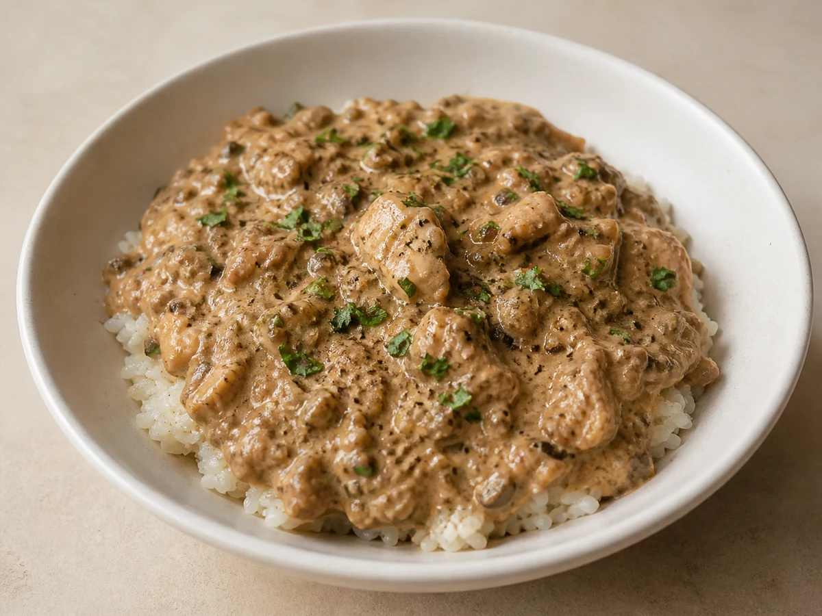 Chicken & Mushroom Stroganoff with Soft Rice. Chicken thigh simmered small with finely chopped mushrooms in a smoky paprika and yoghurt sauce, over buttery soft rice.