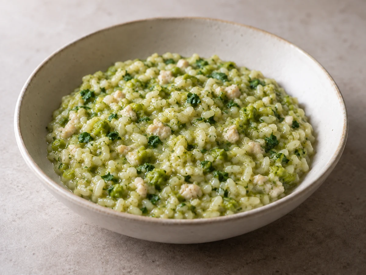 Chicken & Pea Risotto. A loose, green risotto: half the peas blended into the stock so the rice cooks in it, the rest crushed at the end, with chicken thigh cut small and simmered until it gives under a spoon.