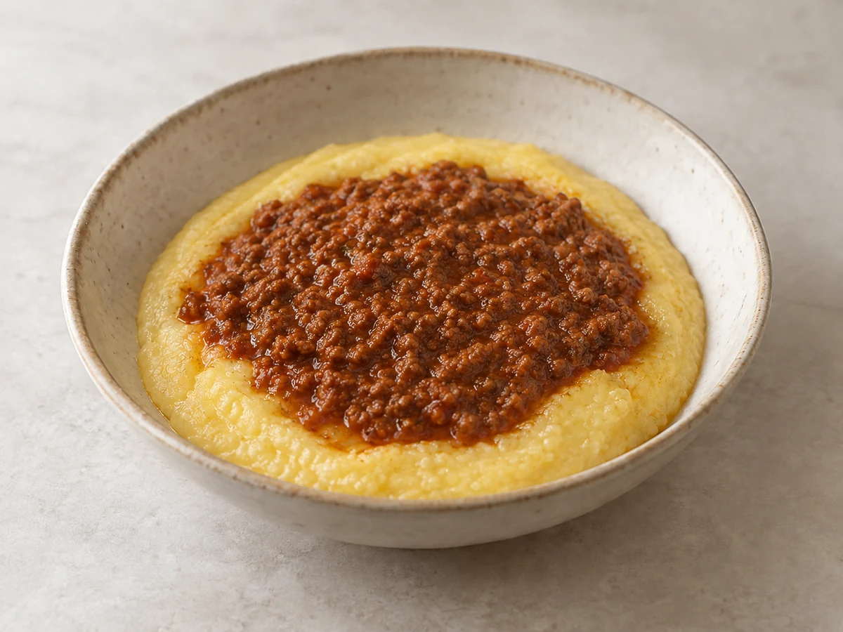 Beef & Mushroom Ragù over Soft Polenta. A bowl of loose, pale-yellow polenta with a fine, sauce-coated beef and mushroom ragù spooned over the centre.