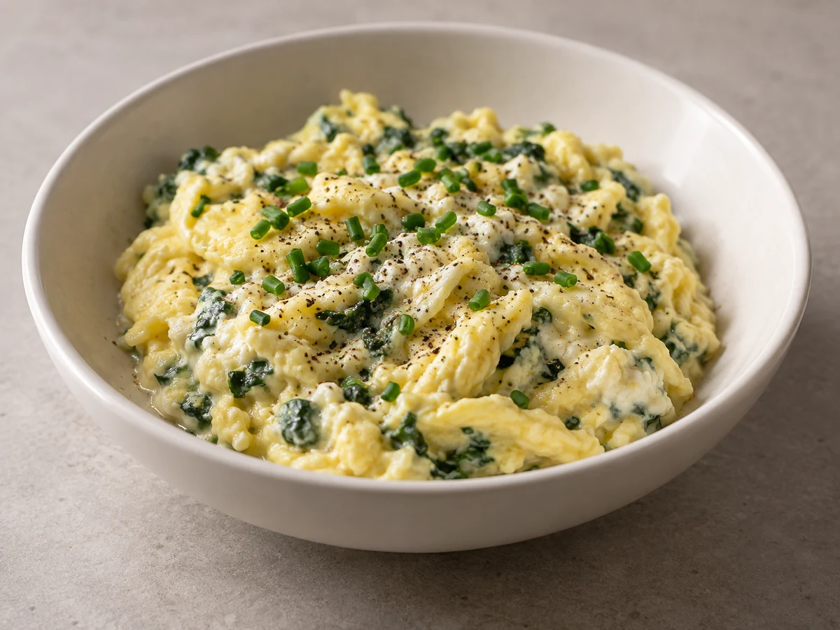 Ricotta Soft-Scrambled Eggs with Spinach. Soft-set scrambled eggs with pockets of melted ricotta and finely chopped spinach, topped with snipped chives and black pepper, in a bowl.